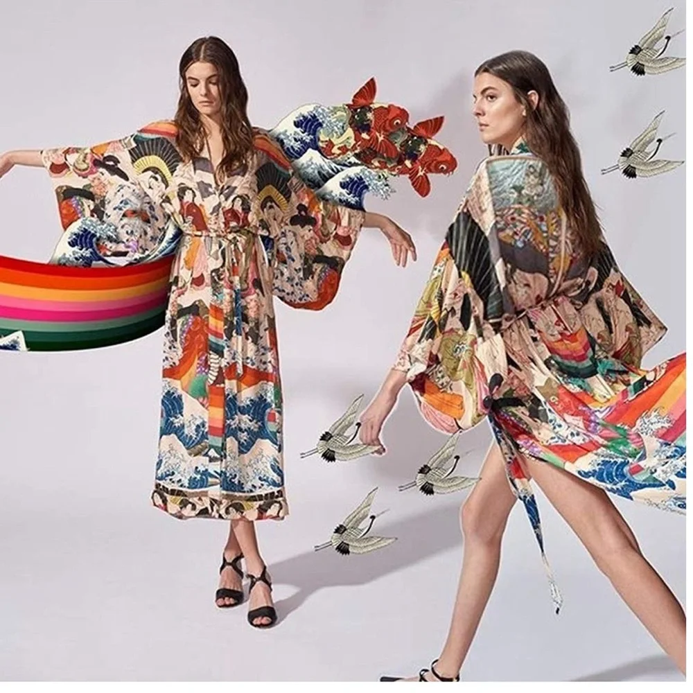 Asian print kimono Cover ups robe Floral Print